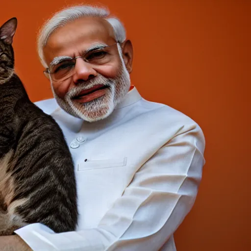 Image similar to narendra modi holding a cat in his arms, sony a 7 r