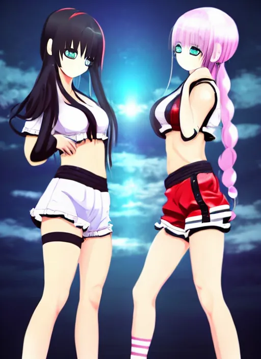 Image similar to two beautiful female fighters with twintails taunting each other, high waist shorts, white top, dim lighting, gorgeous features, smooth, detailed anime art