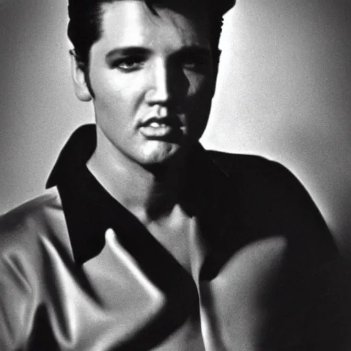 Image similar to a man who is a genetic combination of elvis presley and andy warhol, face and upper - body focus, detailed eyes, photograph taken in 1 9 5 5, award winning photograph