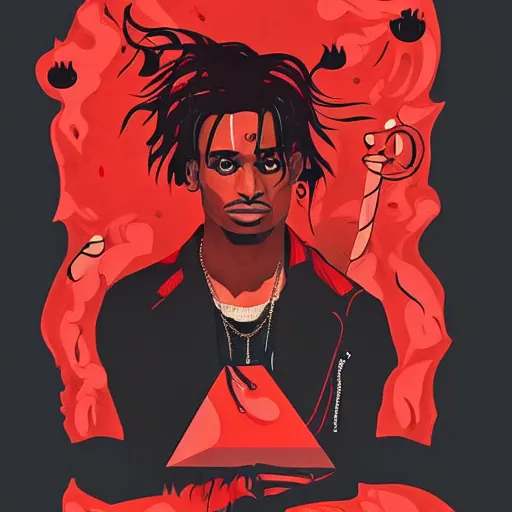 Prompt: Poster Art for Playboi Carti as a Vampire, Vector art, Geometric 3d shapes, Whole Lotta Red, Paper Marbling, Red smoke, by Sachin Teng, Trending on artstation