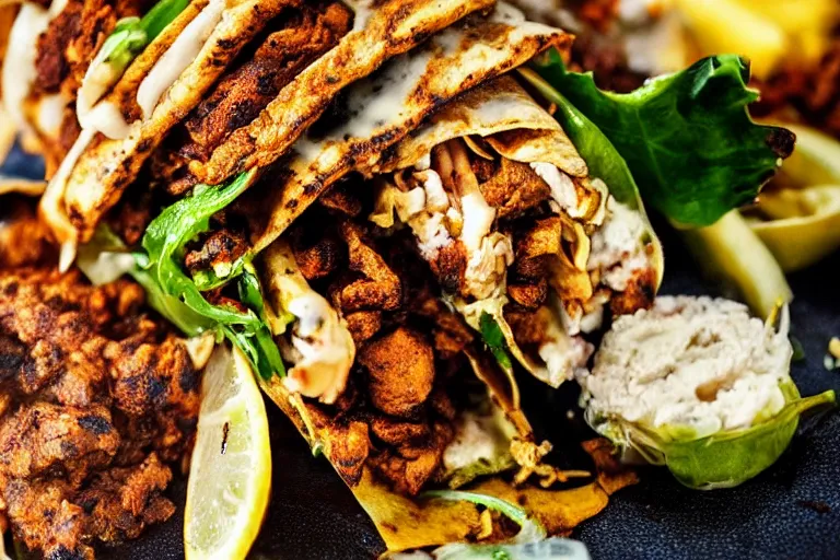 Prompt: juicy tasty shawarma. close up. food photo award winner. trending on instagram