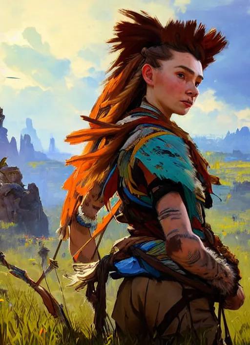 Image similar to portrait of a eastern european Aloy from Horizon Zero Dawn in the style of League of Legends practicing, countryside, calm, fantasy character portrait, dynamic pose, above view, sunny day, clouds in the sky, artwork by Jeremy Lipkin and Giuseppe Dangelico Pino and Michael Garmash and Rob Rey and Huang Guangjian, very coherent asymmetrical artwork, sharp edges, perfect face, simple form, face by Fernanda Suarez and Greg Manchess, 100mm