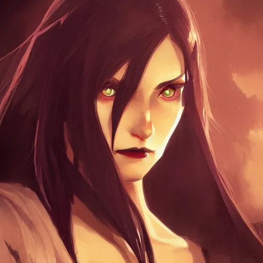 Image similar to female human vampire witch in the style of greg rutkowski, makoto shinkai, trending on artstation, character design, concept art, pretty face, highly detailed, long black hair, portrait, digital art