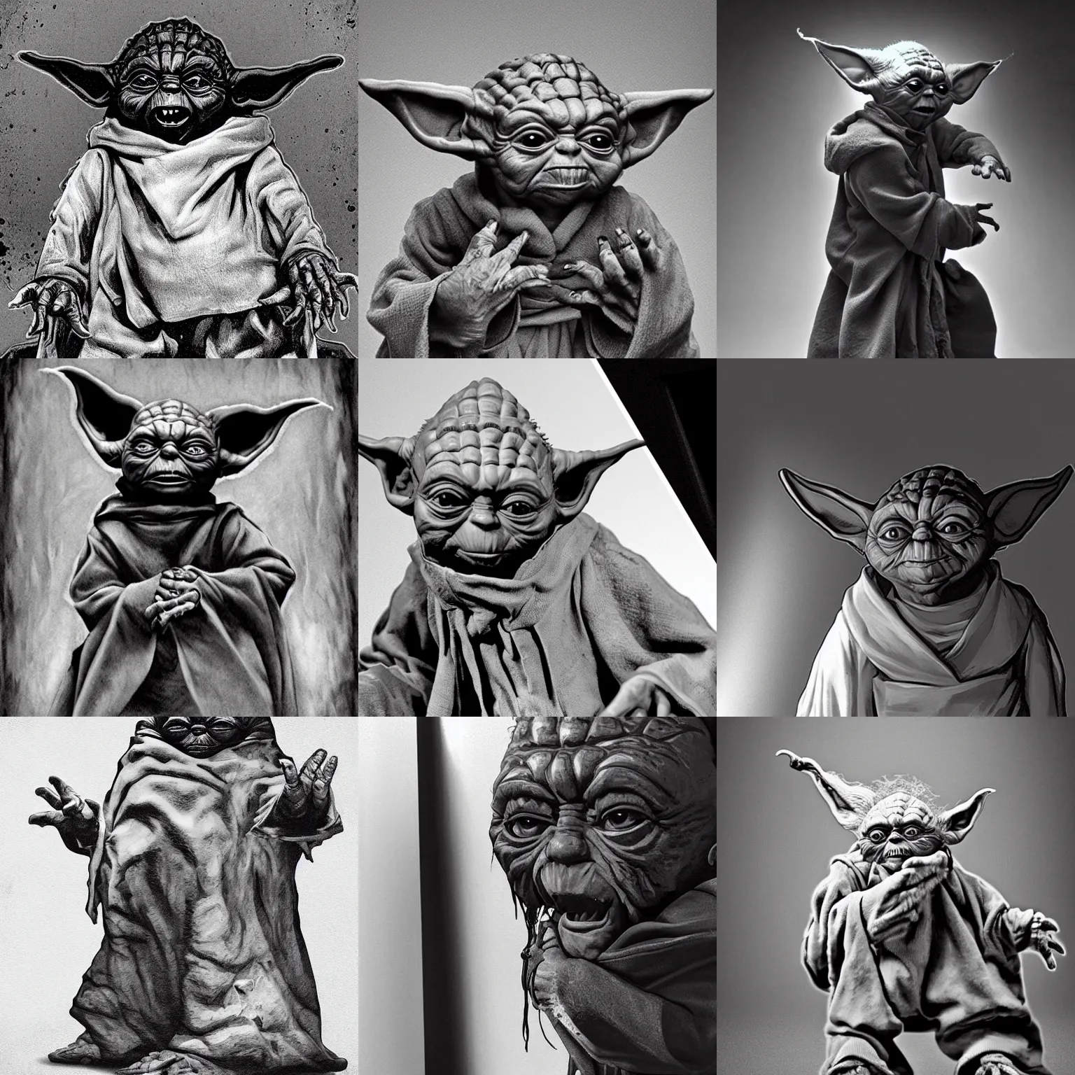 Prompt: evil full body horror yoda, black and white grainy film, screaming, crying, by maxim verehin and bernini