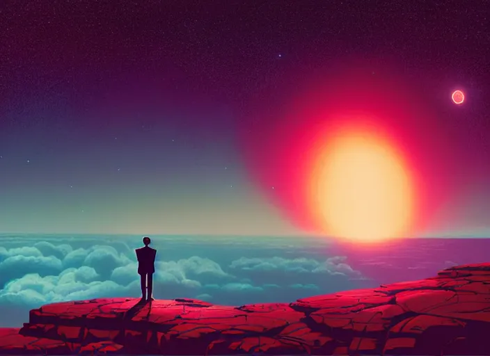 Image similar to dark silhuette of a man standing on a gray dull cliff looking out into a colorful cosmos, clouds, stars, rings, beautiful lighting, vivid colors, intricate, elegant, art by syd mead, terada katsuya, atey ghailan, svetlin velinov