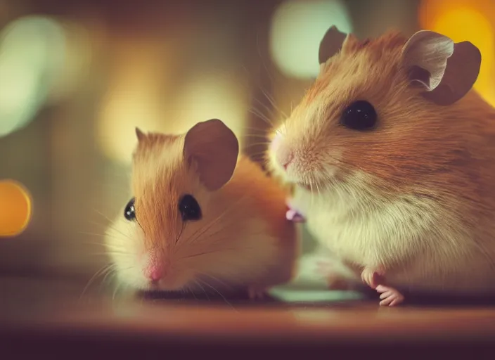 Image similar to photo of a hamsters on a date, kissing, at night, romantic, faded colors, candlelit restaurant table, cinematic color grading, various poses, soft light, well framed, sharp focus, 8 k