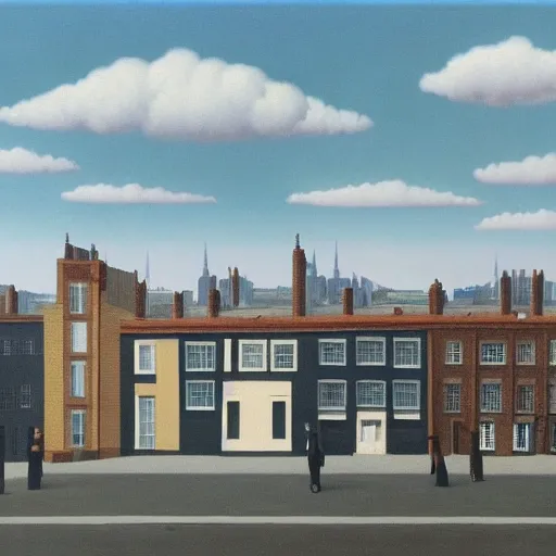 Prompt: South London imagined by Rene Magritte