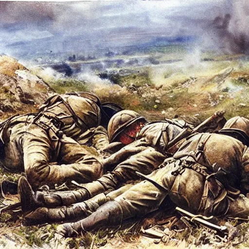 Prompt: Battle of the Somme but the soldiers are sleeping on the ground painting 1916