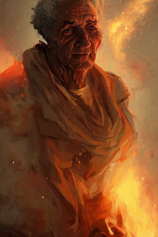 Image similar to the look of an elderly fire person full of wrinkles and imperfections by artgem and greg rutkowski, highly detailed, high contrast, trippy, nebula, trending on artstation