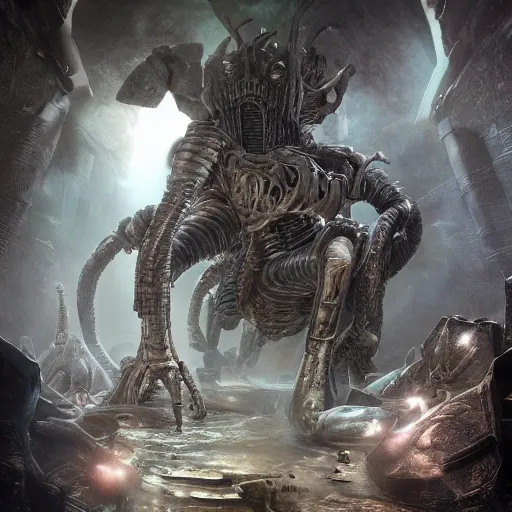 Prompt: phyrexian dreadnought borg queen xenomorph hybrid with protomolecule vesicles being possessed by the machine spirit artists tram pararam and doctor seuss with joan semmel and hr giger pastel high contrast cinematic light, mystical shadows, sharp focus, warhammer fourty k, octane render