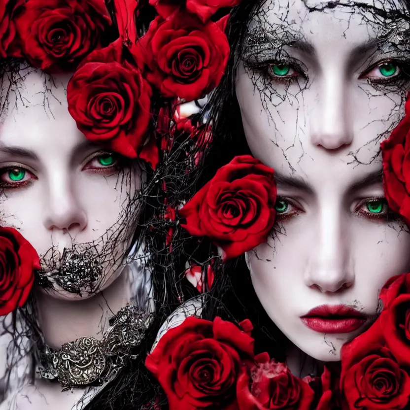 Image similar to single faced portrait of enchanting femenine witch, hyper attractive, seductive, very complex, hyper - maximalist, overdetailed, legendary cinematic, darkfantasy, archetype with timeless beauty breathtaking eyes, highly intricate, realism, roses, perspicious detail, silent hill aesthetic, photorealistic, lifelike, dslr 8 k, unbeatable coherency, octane render