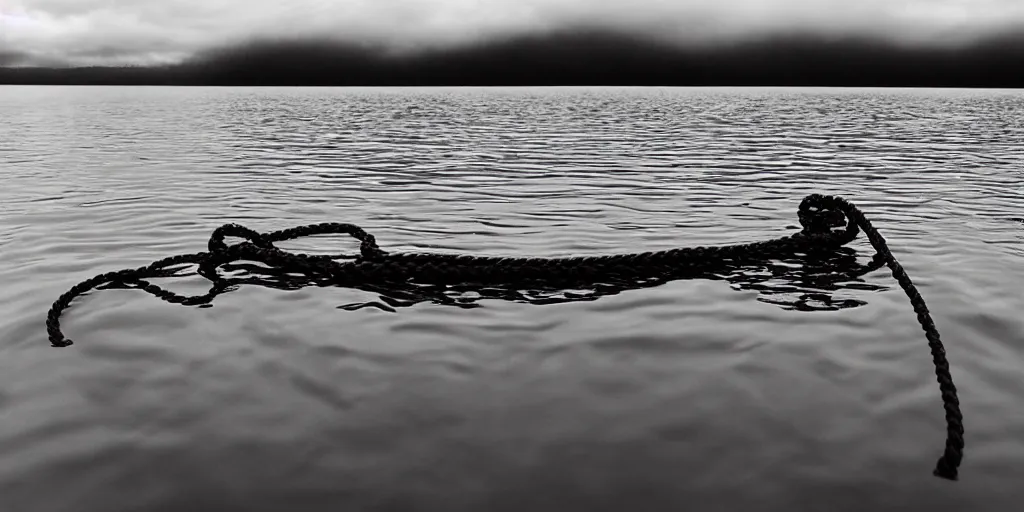 Image similar to symmetrical photograph of an infinitely long rope submerged on the surface of the water, with an uhnicorn, the rope is snaking from the foreground towards the center of the lake, a dark lake on a cloudy day