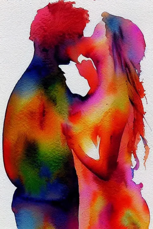 Image similar to couple kissing, romantic watercolor art, abstract, melting into each other, light orange, light pink,