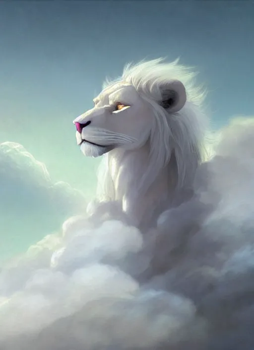 Prompt: aesthetic, religious fantasy portrait commission of an albino male furry anthro lion amongst the clouds in the sky wearing a silky white translucent cloak blowing in the wind, Atmospheric. Character design by charlie bowater, ross tran, makoto shinkai, Greg Rutkowski and Thomas Kinkade, detailed, inked, western comic book art, 2021 award winning painting