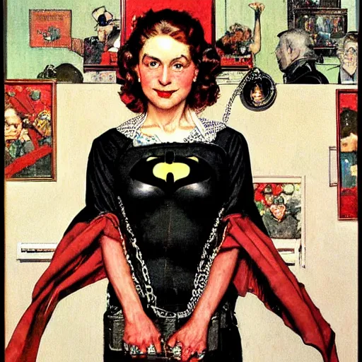 Prompt: Frontal portrait of the Queen of the Batmans. A painting by Norman Rockwell.