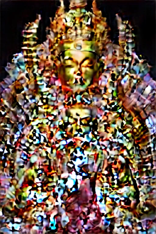 Image similar to a epic sakyamuni, the founder of buddhism in cyberpunk style temple, ghost, gorgeous and huge head ornaments, mecha, portrait of a big crystal face made of crystals, ominous, intricate, studio, art by anthony macbain + greg rutkowski + alphonse mucha, concept art, 4 k, sharp focus