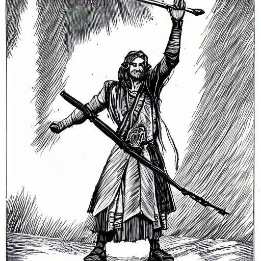 Prompt: mage holding a bentwood staff strikes a dramatic pose. pen and ink by larry elmore, 1 9 8 2