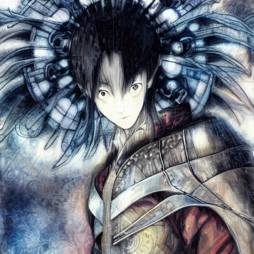 Image similar to yoshitaka amano blurred and dreamy realistic illustration of a phil lamarr with black eyes, wavy white hair fluttering in the wind wearing elden ring armor with engraving, abstract patterns in the background, satoshi kon anime, noisy film grain effect, highly detailed, renaissance oil painting, weird portrait angle, blurred lost edges, three quarter view