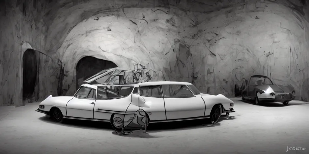 Image similar to A concept model of a 1975 citroen DS, science fiction set painted by James Jean, cinematography by Darren Aronofsky, composition by Fritz Lang