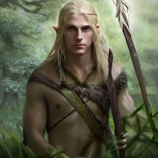 Prompt: a beautiful portrait of an epic fantasy style mystical forest elf man with long blond hair holding a epic elven sword in his hand, with a bow strapped across his chest in the midst of a grassy meadow, oil painting, Greg Rutkowski, Charlie Bowater, swordsman, unreal 5, DAZ, hyperrealistic, octane render, RPG portrait, dynamic lighting, fantasy art, beautiful face
