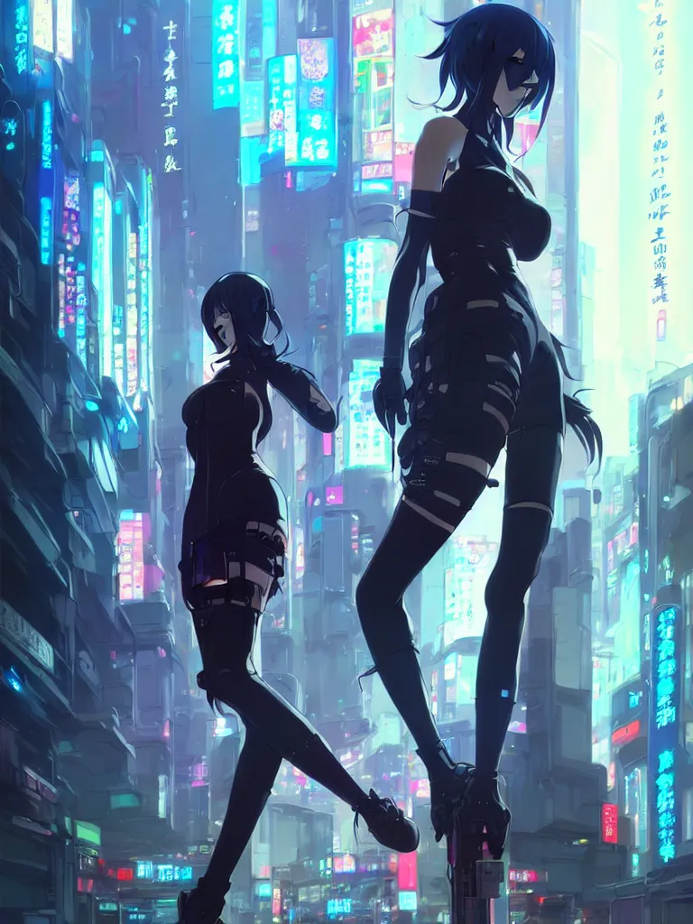 Image similar to Beautiful full body portrait of beautiful cyberpunk anime woman by Greg Rutkowski and Krenz Cushart and Pan_Ren_Wei and Hongkun_st and Bo Chen and Enze Fu and WLOP and Alex Chow, Madhouse Inc., anime style, crepuscular rays, set in rainy futuristic cyberpunk Tokyo street, dapped light, dark fantasy, feminine figure, smooth skin, gorgeous, pretty face, beautiful fashion model body, high detail, hyper realistic, cgsociety, trending on artstation