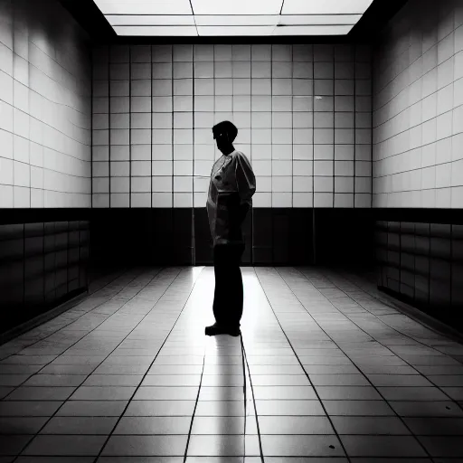 Image similar to a sad surgeon standing in an empty operating theater, award winning photography, law of thirds, black and white