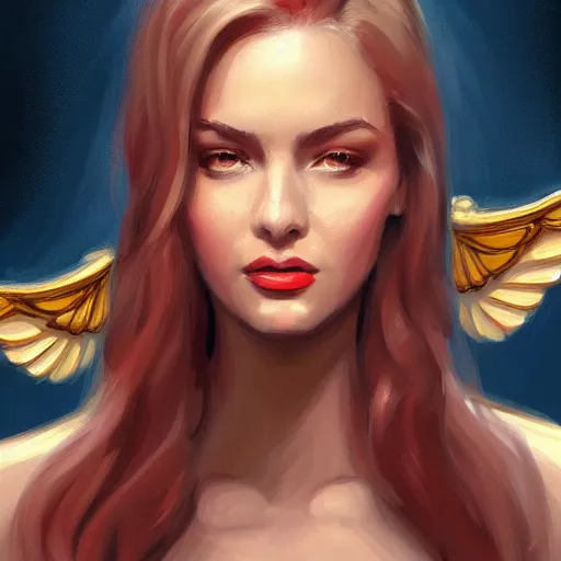 Image similar to 3 / 4 view of a portrait of a pretty woman with wings with wings, confident pose, digital painting, artstation, concept art, smooth, sharp focus, illustration, trending on artstation, highly detailed, concept art, mike esposito comics mickey demeo, trending on artstation, imax 7 0 mm, h 6 4 0