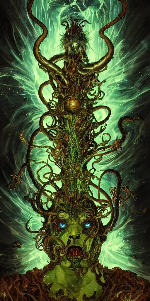 Image similar to intense glowing angry pagan fungus god with horns and tentacles and intense glowing eyes and a mossy skull in very dark cosmic space by karol bak and artgerm and alphonse mucha, portrait, fantasy, clear, light beams, lens flare, intense, uhd, amazing depth, cinematic lighting, deep green and teal and brown and shining gold