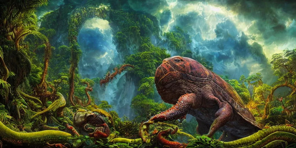 Image similar to fantasy oil painting, great leviathan, turtle cephalopod terrapin reptilian pachyderm amphibian hybrid, rainforest mountains, lush plants flowers, epic natural light, bright clouds, luminous sky, outer worlds, cinematic lighting, michael whelan, michael cheval, vray, 8 k hd