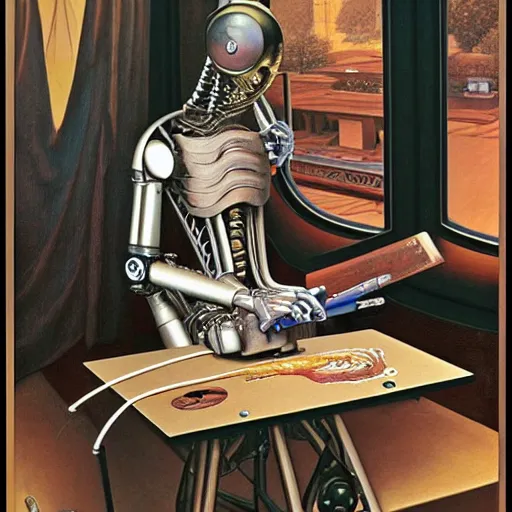 Image similar to robot artist artist painting a self portrait, by clyde caldwell, james c. christensen, h. r. giger, george tooker