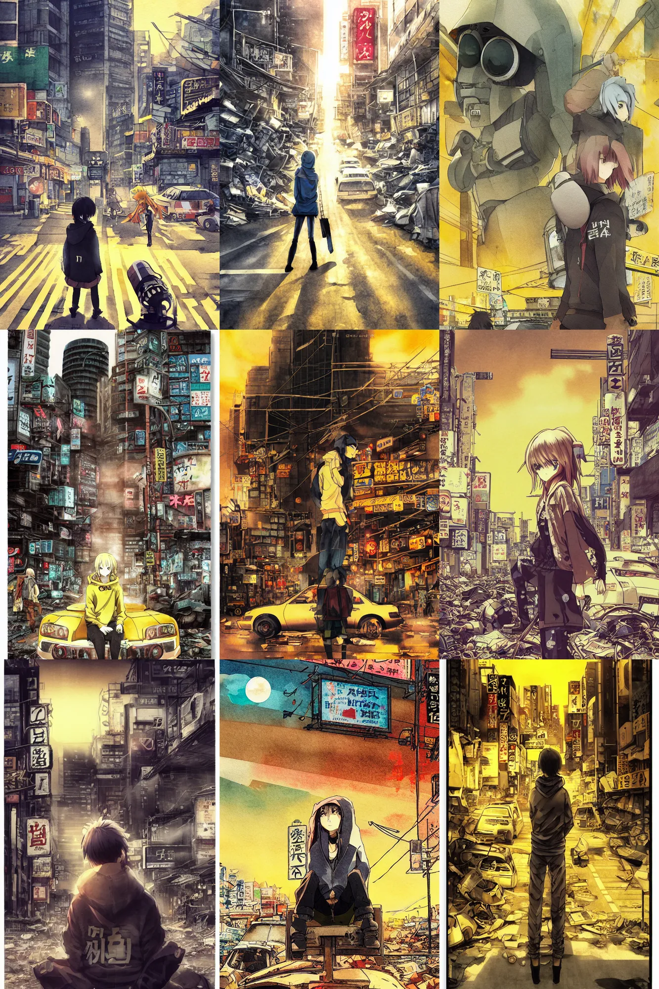 Prompt: title kanji, anime, tatsuyuki tanaka movie poster, pale yellow sky, backlit, crosswalk, shinjuku, koji morimoto, masamune shirow,fish eye, watercolor, junk yard, foggy, colossal robot, bright sun bleached ground, paper texture, distant shot of hoody girl sitting in deserted dusty shinjuku junk town, old pawn shop, tangled overhead wires, telephone pole, dusty, dry, 4k, dynamic camera angle, deep 3 point perspective, , dynamic scene