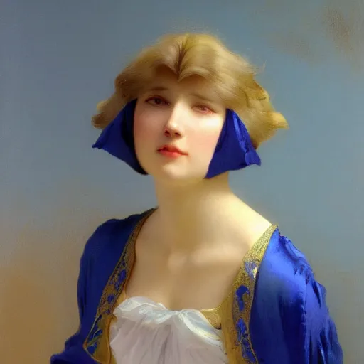 Image similar to a young woman's face, her hair is white and she wears a cobalt blue satin cloak, by ivan aivazovsky and syd mead and moebius and gaston bussiere and roger dean and pieter claesz and paul delaroche and alma tadema and aelbert cuyp and willem claesz, hyperrealistic, volumetric light, octane render