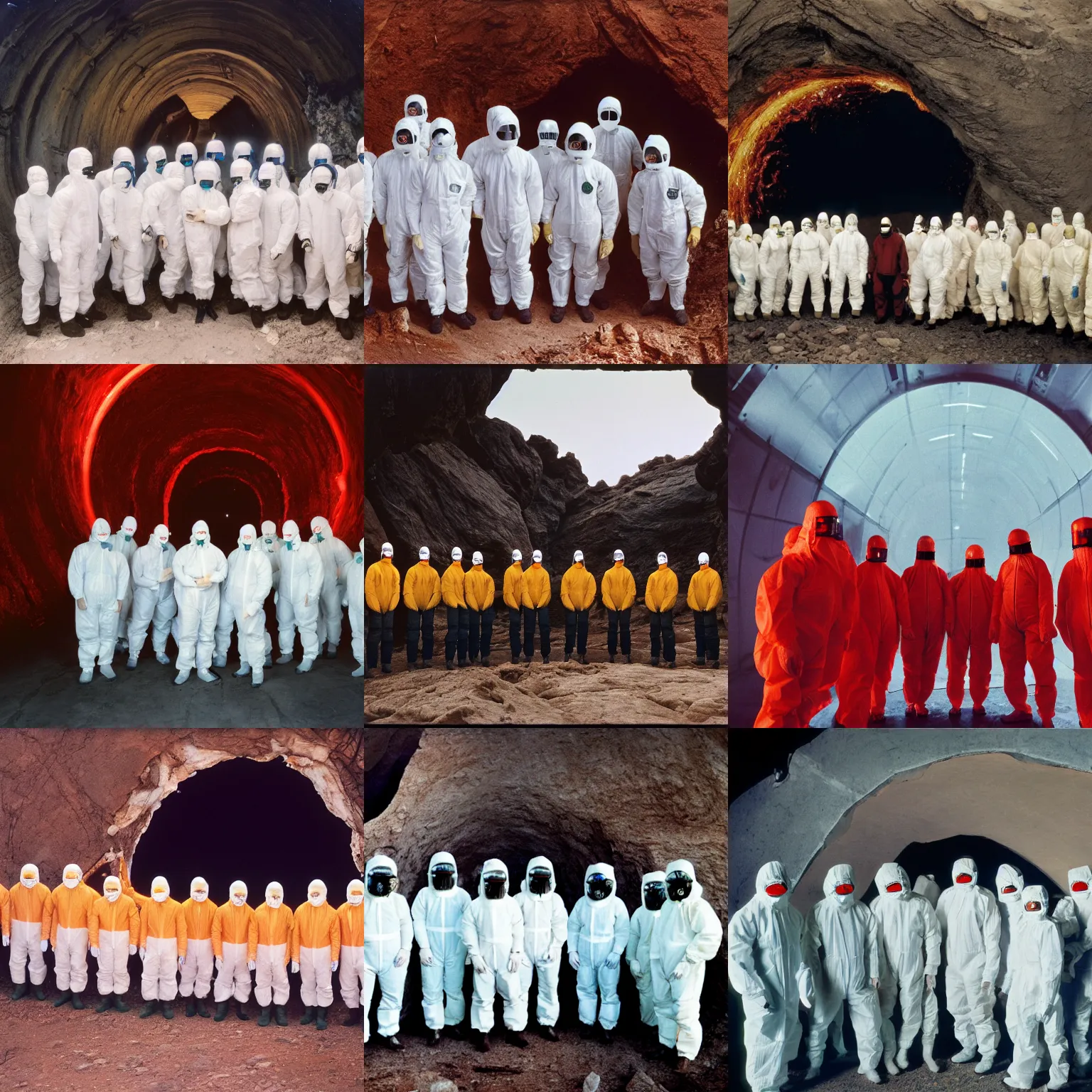 Prompt: wide - shot photo of a group of scientists in hazmat suits, standing by a hell open rift portal, by shaun tan, codachrome, 8 k, hd, highly detailed,