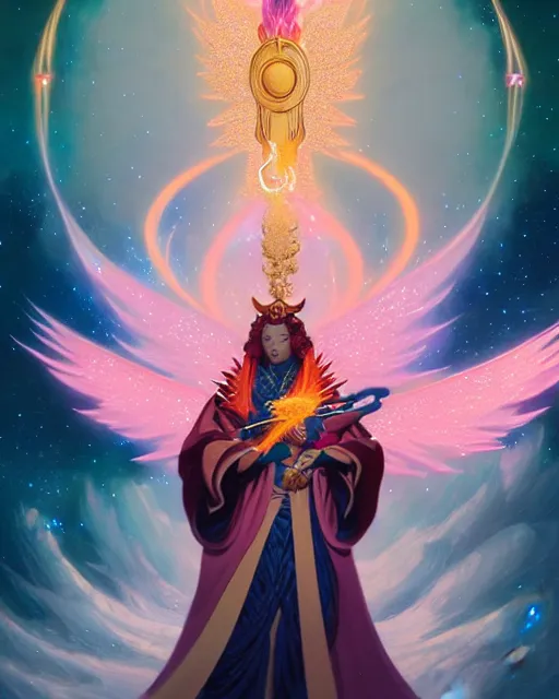 Image similar to a character portrait of only one male angel of justice with golden fiery wings, surrounded with spiriling sparkling rose crystals and galaxies, by peter mohrbacher, hyper light drifter, jim burns, greg rutkowski, in ukiyo - e style trending on artstation