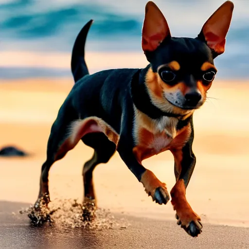 Image similar to high quality action photograph of a black and tan chihuahua running along a beach at sunset, boats in the background, golden hour, beautiful light, seaside, seashore, 2 0 0 mm, f 4, canon, nikon, flickr, 5 0 0 px, behance, award winning photograph