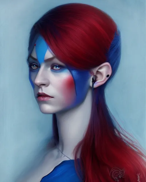 Image similar to A detailed matte oil on canvas head on symmetrical portrait of a distinguished elven woman with split red and blue hair on an empty background, by Charlie bowater, Wlop, trending on artstationhd, dungeons and dragons art, parted hair , half blue, half red , split dye, critical role