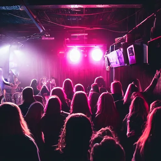 Image similar to a heavy metal band playing live music on stage in a tiny pub in England, empty room, dark concert lighting, center angle, close shot, professional photograph