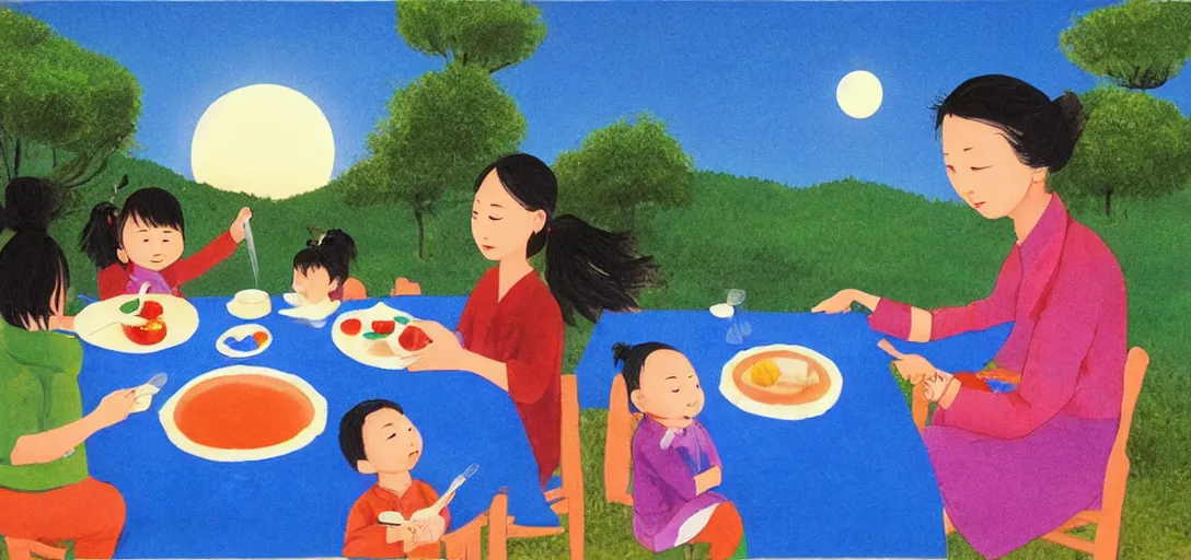 Image similar to a young asian family sitting at outdoor table, tea and food on the table, animal figurine placing around family, clear sky at night with a few clouds, full moon brightening by eric carle