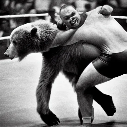 Image similar to maniac marvin mcglory wrestling a bear. madison square garden, 1 9 6 8. award - winning photograph.