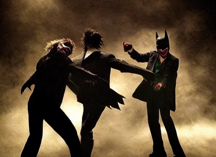 Prompt: Batman and Joker dance together，atmospheric lighting, masterpiece, award winning painting by Emmanuel Lubezki