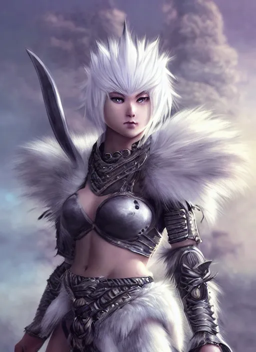 Image similar to warrior, fur - lined wolf armor!!! beautiful and elegant white hair female!! monster hunter!! character concept art, sharp focus, octane render! unreal engine 5! highly rendered!! trending on artstation!! detailed linework!! illustration by artgerm, wlop, and chie yoshii