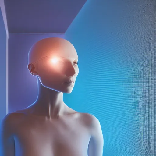 Image similar to A wide bottom camera shot view of a svelte female human with minimalistic bionic implants with artificial general intelligence integrated in her skull in the center of a white minimalistic room with fog in the bottom and light coming from a blue window on the ceiling that lights her skull with blue in the vast white room