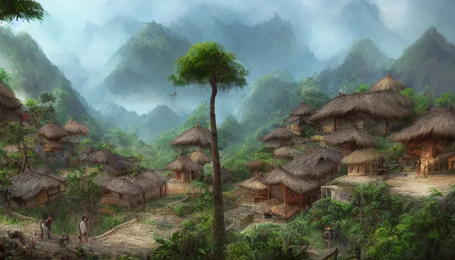 Image similar to matte painting of a beautiful tai lue village, digital art, trending on artstation