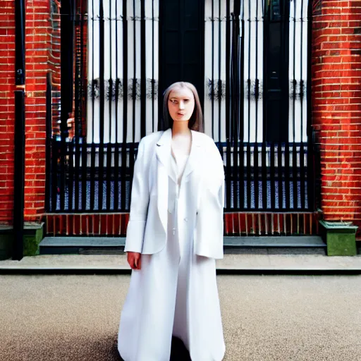 Image similar to un ultra high definition editorial photographic portrait of a female designer standing outside her trendy red brick london home wearing all white. wide angle. three point light. golden hour, golden ratio, ray tracing, volumetric light and shadow, shallow depth of field.