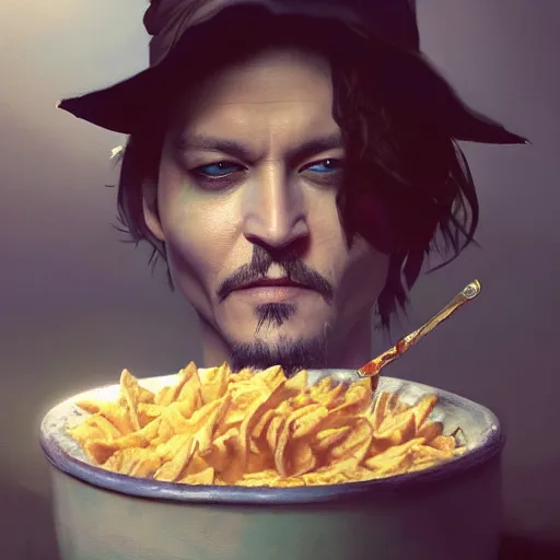 Image similar to tiny johnny depp in a bowl of chip dip, ultra high detailed, oil painting, greg rutkowski, charlie bowater, yuumei, yanjun cheng, unreal 5, daz, hyperrealistic, octane render, rpg portrait, dynamic lighting