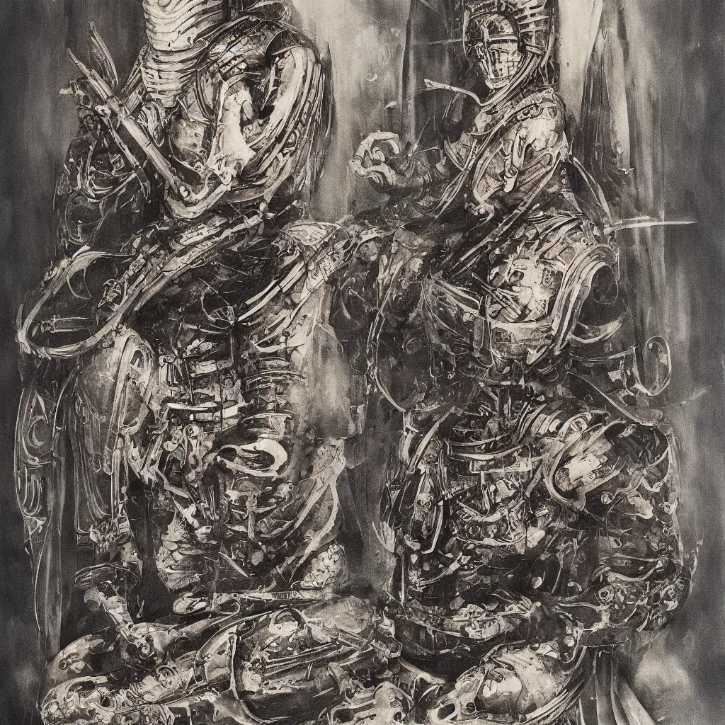 Image similar to poster of a beautiful meditating samurai by hans ruedi giger