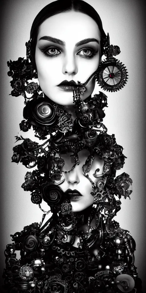 Prompt: black and white dreamy foggy smoky profile face portrait, one silver steampunk eye biomechanical beautiful young female - cyborg - robot bust, body ribs meshes,, volumetric light, hibiscus flowers, rim light, by dora maar and cecile beaton, big gothic fashion pearl embroidered collar, 8 k