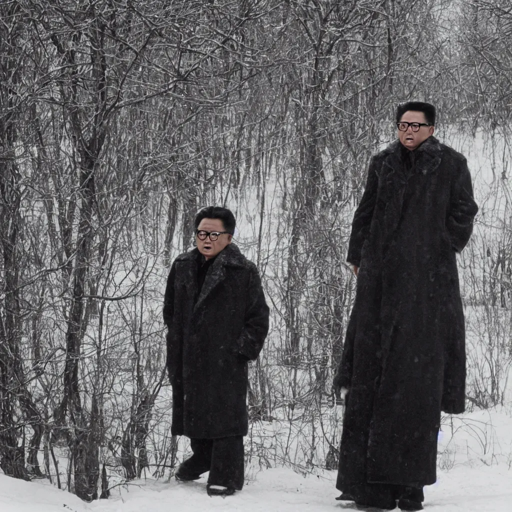 Prompt: filmstill of Kim Jong-il wearing a furry chapka and playing the role of Omar Sharif in Doctor Zhivago by David Lean, man in grey winter coat, cold Russian winter, snow and trees, Prussian architecture, minimal composition, 1965, cinemascope, Eastman Color Negative 50T 5251 Neg. Film, epic romance