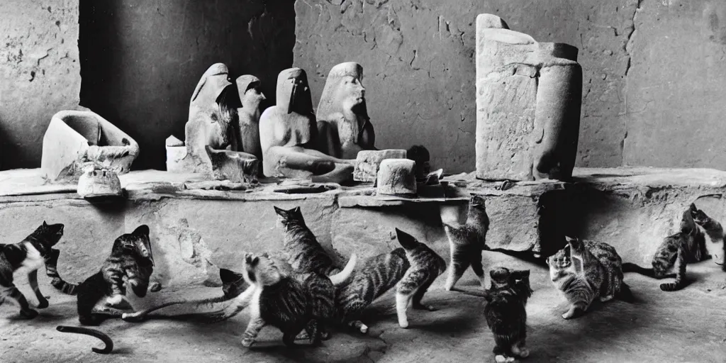 Image similar to a great old black and white photo from ancientt egypt, mischivious cats knock things off the table and annoy the pharoah who is sulking with head in hands, other cats knock vases over, funny and silly, weird and odd, historic look, film grain