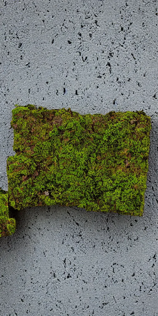 Image similar to a cast block of concrete. The block is centered in the frame and on a white background. The block is highly eroded. Moss is growing in the eroded crevices.